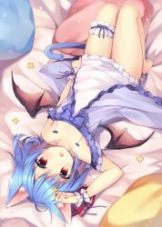 Rule 34 | 1girl, :o, alternate costume, animal ear fluff, animal ears, babydoll, bare legs, bare shoulders, bat wings, bed sheet, black wings, blue babydoll, blue bow, blue hair, blue ribbon, bow, cat day, cat ears, cat tail, commentary, fang, frilled babydoll, frills, hair ribbon, highres, kemonomimi mode, knees up, leg ribbon, legs together, light particles, lingerie, looking at viewer, lying, negligee, no headwear, on back, on bed, open mouth, pillow, red eyes, red ribbon, remilia scarlet, ribbon, ruhika, short hair, solo, tail, thigh ribbon, thigh strap, touhou, underwear, upside-down, wings, wrist cuffs, wrist ribbon