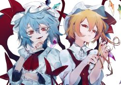Rule 34 | arm garter, arm ribbon, bat wings, blonde hair, blue hair, bow, buttons, closed mouth, collared dress, collared shirt, commentary request, crystal, diamond (shape), dress, fingernails, flandre scarlet, frilled cuffs, hair between eyes, tucking hair, twirling hair, half-closed eyes, hand on own chin, hands up, hat, hat ribbon, head tilt, high collar, highres, ikurauni, long fingernails, looking at viewer, looking down, mob cap, nail polish, one side up, open mouth, pinafore dress, popped collar, puffy sleeves, red bow, red dress, red eyes, red nails, red neckwear, red ribbon, remilia scarlet, ribbon, scowl, serious, shirt, short hair, short hair with long locks, siblings, sidelocks, simple background, sisters, sleeveless dress, symbol-shaped pupils, teeth, touhou, undershirt, upper body, white background, white dress, wing collar, wings, wrist cuffs