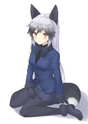 Rule 34 | 10s, 1girl, animal ears, ankle boots, black bow, black bowtie, black footwear, black gloves, black pantyhose, black shirt, blue jacket, boots, bow, bowtie, closed mouth, commentary request, dress shirt, fox ears, fox tail, full body, fur-trimmed boots, fur-trimmed sleeves, fur trim, gloves, gradient hair, grey hair, jacket, kemono friends, long hair, long sleeves, looking at viewer, multicolored hair, pantyhose, shadow, shirt, silver fox (kemono friends), simple background, sitting, smile, solo, tail, uro (urotanc), wariza, white background