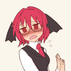 Rule 34 | 1girl, 3692materia, alternate hair length, alternate hairstyle, bat wings, bespectacled, blush, collared shirt, dress shirt, drunk, empty eyes, female focus, glasses, head wings, koakuma, necktie, nose blush, red eyes, red hair, shirt, short hair, simple background, solo, squeans, touhou, upper body, vest, wavy mouth, white background, white shirt, wings