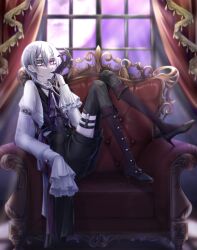 Rule 34 | 1other, androgynous, black shorts, black vest, boots, chair, gloves, green eyes, heterochromia, highres, looking at viewer, moon, original, purple eyes, purple sky, shorts, sitting, sky, solo, undressing, vest, white hair, window