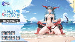 Rule 34 | 1girl, artist request, azur lane, beach, black collar, black one-piece swimsuit, breasts, character name, check artist, collar, commentary, copyright name, covering privates, covering crotch, demon girl, demon horns, english commentary, expressions, eyewear on head, flag, full body, green hair, halterneck, highres, holding, holding flag, horns, kneeling, mechanical tail, medium breasts, navel, non-humanoid robot, ocean, official art, one-piece swimsuit, regensburg (azur lane), regensburg (dark dragon brilliant beach) (azur lane), robot, ship, sky, slingshot swimsuit, solo, swimsuit, tail, twintails, watercraft, yd (orange maru), yellow eyes