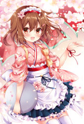 Rule 34 | 10s, 1girl, alternate costume, apron, brown eyes, brown hair, commentary request, floral background, frilled skirt, frills, hair ornament, ikazuchi (kancolle), japanese clothes, kantai collection, looking at viewer, maid apron, maid headdress, nogi takayoshi, open mouth, short hair, skirt, solo, tasuki, tray