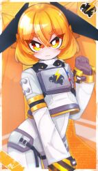 Rule 34 | 1girl, absurdres, black gloves, bodysuit, closed mouth, commentary request, cowboy shot, gloves, hair between eyes, hand up, highres, ine 2, jacket, light smile, lightning bolt symbol, long sleeves, looking at viewer, mochibe (ine 2), orange eyes, orange hair, original, short eyebrows, sleeves past wrists, solo, standing, thick eyebrows, twintails, v-shaped eyebrows, white bodysuit, white jacket