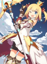 Rule 34 | 1girl, bare shoulders, blonde hair, blue eyes, covered navel, crown, gauntlets, highres, looking at viewer, marl (shironeko project), mini crown, one eye closed, open mouth, pleated skirt, shironeko project, skirt, solo, sparkle, staff, tekka maki (wafuu-bune), thighhighs, twintails, v