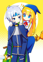Rule 34 | + +, 1boy, 1girl, absurdres, blonde hair, blue eyes, blue gloves, blush, broom, closed mouth, fingerless gloves, gloves, grey hair, highres, holding, holding sword, holding weapon, long hair, long sleeves, looking at another, offbeat, puyopuyo, schezo wegey, short hair, smile, sword, weapon, witch (puyopuyo)