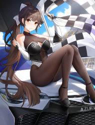 Rule 34 | 1girl, :/, azur lane, bare shoulders, black gloves, blue sky, blush, bodysuit, bodysuit under clothes, bow, breasts, brown bodysuit, brown eyes, brown hair, brown pantyhose, car, checkered flag, cleavage, cleavage cutout, closed mouth, clothing cutout, cloud, day, dot nose, duplicate, elbow gloves, fingerless gloves, flag, full body, gloves, hair bow, hair ribbon, hands up, high heels, high ponytail, highres, holding, holding flag, holding umbrella, large breasts, legs, leotard, long hair, looking at viewer, motor vehicle, official alternate costume, pantyhose, parasol, pixel-perfect duplicate, ponytail, qing wu, race queen, ribbon, sitting, sitting on car, sky, sleeveless, solo, takao (azur lane), takao (full throttle charmer) (azur lane), turtleneck, umbrella, very long hair, white bow, white gloves, white ribbon