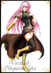 Rule 34 | 1girl, black thighhighs, blue eyes, blush, boots, breasts, character name, covered erect nipples, cross-laced footwear, full body, hand on own chest, headphones, lace-up boots, long hair, medium breasts, megurine luka, nail polish, navel, panties, pantyshot, pink hair, signature, skirt hold, solo, standing, standing on one leg, takatan, thighhighs, underwear, very long hair, vocaloid, white background