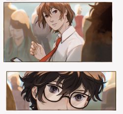 Rule 34 | 2boys, adam&#039;s apple, akechi gorou, amamiya ren, atlus, black eyes, black hair, blurry, blurry background, brown eyes, brown hair, cellphone, collared shirt, comic, eyebrows, fingernails, glasses, hair between eyes, highres, holding, holding phone, looking at another, male focus, multiple boys, necktie, pale skin, parted lips, persona, persona 5, phone, red neckwear, shirt, short hair, smartphone, teeth, viria13, white background, white shirt, yaoi