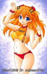 Rule 34 | 1girl, :d, adapted costume, bikini, blue eyes, blush, breasts, cleavage, covered erect nipples, hair ornament, large breasts, long hair, navel, neon genesis evangelion, nightmare77zx, open mouth, orange hair, plugsuit, rebuild of evangelion, smile, solo, souryuu asuka langley, swimsuit, test plugsuit, wristband