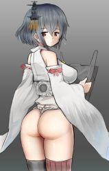 Rule 34 | 10s, 1girl, ?, ass, black hair, bottomless, detached sleeves, from behind, fundoshi, gradient background, grey background, hair ornament, highres, holding, japanese clothes, kantai collection, nijitama shiyushiyu, no pants, red eyes, ribbon-trimmed sleeves, ribbon trim, short hair, solo, thighhighs, yamashiro (kancolle)