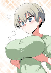 Rule 34 | 1girl, blue eyes, blush, breast hold, breasts, commentary request, covered erect nipples, green shirt, grey hair, hair between eyes, hitotose rin, impossible clothes, impossible shirt, pout, shirt, short hair, simple background, solo, taut clothes, upper body, uzaki-chan wa asobitai!, uzaki hana