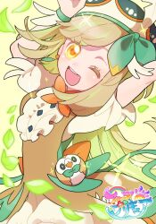 1girl :d alternate_costume aria_pkmn arms_up blonde_hair brown_dress character_doll commentary_request creatures_(company) dress earrings eyelashes falling_leaves game_freak gen_7_pokemon happy hat highres jewelry leaf medium_hair nintendo one_eye_closed open_mouth pokemon pokemon_sm rowlet selene_(pokemon) short_sleeves shorts smile teeth tongue upper_teeth_only white_shorts wrist_cuffs yellow_background yellow_eyes