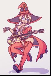 Rule 34 | alternate hair color, belt, black gloves, blonde hair, boots, breasts, cleavage, crop top, fingerless gloves, glasses, gloves, guilty gear, guitar, hat, highres, holding, holding instrument, i-no, instrument, large breasts, mole, open mouth, red hat, shirt, short hair, short shorts, shorts, tan, thigh boots, white shirt, witch hat, zuizou