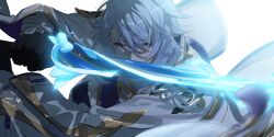 Rule 34 | 1boy, arm guards, black gloves, blue hair, commentary request, covering own mouth, genshin impact, gloves, gold trim, hair between eyes, hair over shoulder, hands up, haran geppaku futsu (genshin impact), highres, holding, holding sword, holding weapon, jacket, japanese clothes, kamisato ayato, long sleeves, looking at viewer, male focus, medium hair, open clothes, open jacket, parted bangs, purple eyes, sidelocks, simple background, solo, swept bangs, sword, tassel, upper body, v-shaped eyebrows, weapon, white background, white jacket, wide sleeves, zassyoku dd