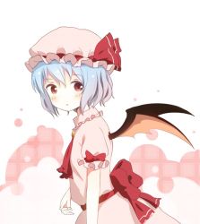 Rule 34 | 1girl, ascot, bat wings, blouse, blue hair, blush, bow, brooch, hat, hat bow, jewelry, looking back, mob cap, nekoze, open mouth, profile, red eyes, remilia scarlet, sash, shirt, short hair, skirt, skirt set, solo, touhou, upper body, wings