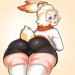 Rule 34 | 1girl, ass, bandaid, bike shorts, blush, cage (artist), creatures (company), eyebrows, game freak, gen 8 pokemon, huge ass, nintendo, open mouth, orange eyes, personification, plump, pokemon, pokemon swsh, scorbunny, shirt, simple background, socks, solo, tail, teeth, thick thighs, thighs, wide hips