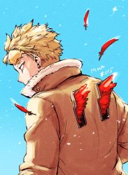 Rule 34 | 1boy, back cutout, blonde hair, blue background, boku no hero academia, chapter number, clothing cutout, costume, earrings, eyewear on head, falling feathers, feathered wings, feathers, from behind, fur-trimmed jacket, fur trim, hawks (boku no hero academia), head down, jacket, jewelry, looking ahead, male focus, mini wings, red feathers, rimless eyewear, sakanagi (dc saka), short hair, snow, solo, sparkle, stud earrings, tinted eyewear, wings