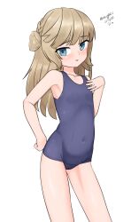 Rule 34 | 1girl, absurdres, aged down, blue eyes, blue one-piece swimsuit, braid, contrapposto, dated, feet out of frame, flat chest, french braid, hair bun, hand on own chest, highres, kantai collection, light brown hair, maru (marg0613), old school swimsuit, one-hour drawing challenge, one-piece swimsuit, ranger (kancolle), school swimsuit, single side bun, solo, swimsuit, twitter username