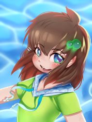 Rule 34 | 1girl, ahoge, blue background, blue collar, blue eyes, blush, body freckles, brown hair, child, collar, collared shirt, eyelashes, freckles, green eyes, green hair ornament, green shirt, hair ornament, hairclip, highres, hooded shirt, indie virtual youtuber, laces, lily hopkins, long hair, looking at viewer, lower teeth only, multicolored eyes, nose, open mouth, outstretched arms, shirt, simple background, tagme, teeth, toad of sky, tongue, upper body, upper teeth only, virtual youtuber, water, water background