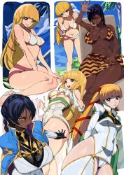 2girls absurdres bikini black_gloves black_hair blonde_hair blue_cape blue_eyes braid breasts brown_bikini cape cleavage code_geass cup dark-skinned_female dark_skin dorothea_arnault dorothea_ernst dress drinking_glass drinking_straw gloves green_eyes green_gloves highres holding holding_cup large_breasts leaning_forward long_hair medium_breasts military_uniform monica_kruszewski multiple_girls multiple_views navel one_eye_closed sandals sarong sitting swimsuit very_long_hair white_bikini white_dress whoopsatro