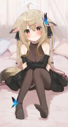 Rule 34 | 1girl, absurdres, animal ear fluff, animal ears, black dress, black pantyhose, breasts, buran buta, butterfly hair ornament, commission, detached sleeves, dress, ears down, fang, fang out, fox ears, fox girl, fox tail, full body, hair ornament, hair ribbon, halo, halter dress, halterneck, highres, light brown hair, long hair, medium breasts, pantyhose, pillow, red eyes, ribbon, second-party source, see-through, see-through dress, sitting, skeb commission, skin fang, sleeveless, sleeveless dress, smile, solo, tail, very long hair, vrchat