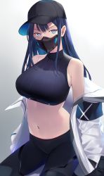 Rule 34 | 1girl, baseball cap, black hat, black pants, blue archive, blue eyes, blue hair, breasts, clothes around waist, crop top, gradient background, hat, highres, jacket, jacket around waist, kameponde, long hair, looking at viewer, mask, medium breasts, mouth mask, navel, pants, saori (blue archive), simple background, solo, stomach, very long hair, white jacket