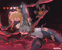 Rule 34 | 1boy, absurdres, androgynous, arms behind head, arms up, black background, blonde hair, blue bodysuit, blue eyes, blush, bodysuit, bound, bound arms, earrings, feet out of frame, gradient background, grey bodysuit, hair between eyes, health bar, heart, highres, jewelry, link, male focus, mask, mouth mask, nintendo, red background, solo, stealth set (zelda), stud earrings, tentacles, the legend of zelda, the legend of zelda: breath of the wild, thighs, topknot, torn bodysuit, torn clothes, trembling, twitter username, vchan