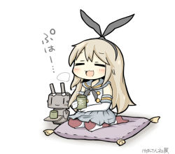 Rule 34 | 10s, 1girl, :3, bad id, bad pixiv id, blonde hair, closed eyes, cup, cushion, elbow gloves, gloves, hair ribbon, kantai collection, long hair, machinery, open mouth, rensouhou-chan, ribbon, shimakaze (kancolle), solo, striped clothes, striped thighhighs, tea, thighhighs, translation request, turret, yuasan, yunomi, zabuton