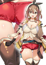 Rule 34 | 1girl, ass, atelier (series), atelier ryza, atelier ryza 1, belt, blue belt, blush, breasts, brown belt, brown eyes, brown gloves, brown hair, butt crack, cleavage, flask, gloves, hair ornament, hairclip, hat, jacket, jewelry, large breasts, leather, leather gloves, looking at viewer, multiple views, necklace, open mouth, pouch, projected inset, red shorts, reisalin stout, round-bottom flask, shayoo, short hair, short shorts, shorts, single glove, skindentation, sleeveless, sleeveless jacket, smile, star (symbol), star necklace, thigh pouch, vial, white headwear, yellow jacket