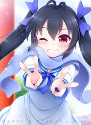 Rule 34 | 1girl, 2018, antenna hair, black hair, blue bow, blue scarf, blurry, blush, bow, chunithm, day, depth of field, double v, dress, english text, grin, hair between eyes, hair bow, hakobe naru, happy birthday, lens flare, long hair, long sleeves, looking at viewer, one eye closed, outdoors, outstretched arms, red eyes, sailor dress, sanotsuki, scarf, smile, solo, sparkle, twintails, v