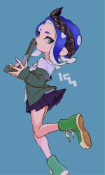 Rule 34 | 1girl, bandana, black headwear, black skirt, blue background, blue hair, cardigan, commentary, dress shirt, from side, full body, green eyes, green footwear, grey cardigan, holding, holding weapon, imaikuy0, leg up, long sleeves, looking at viewer, makeup, medium hair, miniskirt, n-zap (splatoon), nintendo, octoling, octoling girl, octoling player character, off shoulder, open cardigan, open clothes, pleated skirt, pointy ears, school uniform, shirt, shoes, skirt, sneakers, solo, standing, standing on one leg, suction cups, symbol-only commentary, tentacle hair, untucked shirt, weapon, white shirt