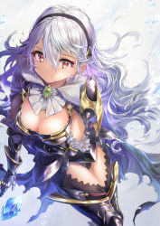 Rule 34 | 1girl, absurdres, armor, black armor, black gloves, breasts, cape, cleavage, closed mouth, commentary request, corrin (female) (fire emblem), corrin (fire emblem), detached collar, fire emblem, fire emblem fates, fire emblem heroes, floating, floating object, gloves, hair ornament, hairband, hatsuga (dmaigmai), highres, huge filesize, leotard, long hair, medium breasts, nintendo, red eyes, shiny skin, shoulder armor, simple background, solo, stone, torn cape, torn clothes, white hair