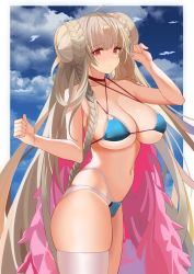 Rule 34 | 1girl, absurdres, aqua bikini, azur lane, bikini, blonde hair, braid, braided bun, breasts, choker, commentary, cowboy shot, criss-cross halter, double bun, feather boa, formidable (azur lane), formidable (the lady of the beach) (azur lane), from side, hair bun, halterneck, highres, huge breasts, legs together, long hair, looking at viewer, multi-strapped bikini bottom, multi-strapped bikini top, official alternate costume, outdoors, pink choker, red eyes, single thighhigh, skindentation, sky, solo, standing, swimsuit, thick thighs, thighhighs, thighs, tnr (horiko1525), very long hair, white thighhighs