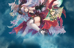 Rule 34 | 1girl, arnas (yoru no nai kuni), black gloves, blader soul, breasts, dragon, fang, floating hair, from below, gloves, high heels, highres, holding, holding sword, holding weapon, long hair, looking at viewer, medium breasts, open mouth, orange eyes, raune (yoru no nai kuni), sideboob, silver hair, sword, thighhighs, toy troop, very long hair, weapon, white thighhighs, yoru no nai kuni, yoshiku, yoshiku (oden-usagi)