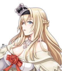 Rule 34 | 1girl, blonde hair, blue eyes, braid, breasts, cleavage, commentary request, crown, dated, dress, french braid, hairband, highres, jewelry, kantai collection, long hair, long sleeves, medium breasts, mini crown, necklace, off-shoulder dress, off shoulder, one-hour drawing challenge, signature, simple background, solo, tk8d32, upper body, warspite (kancolle), white background, white dress