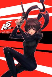 Rule 34 | 10s, 1girl, armor, artist name, bodysuit, braid, brown hair, character name, copyright name, ctiahao, gun, highres, holding, holding gun, holding weapon, looking at viewer, niijima makoto, persona, persona 5, red eyes, scarf, short hair, skin tight, smile, solo, weapon
