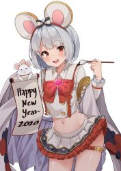 Rule 34 | 1girl, 2020, absurdres, animal ears, bow, bowtie, brooch, chinese zodiac, collared shirt, commentary, cowboy shot, crop top, fake animal ears, frilled skirt, frills, granblue fantasy, grey shirt, grey skirt, hair ornament, hairband, hairclip, happy new year, heart, heart brooch, highres, holding, holding brush, jewelry, kaosu kun, looking at viewer, midriff, miniskirt, mouse (animal), mouse ears, navel, new year, open mouth, pleated skirt, red eyes, shirt, short hair, silver hair, simple background, skirt, smile, solo, thigh strap, vikala (granblue fantasy), white background, year of the rat
