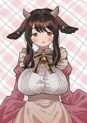 Rule 34 | 1girl, absurdres, animal ears, apron, bell, black hair, blush, bow, bowtie, breasts, brown eyes, button gap, dress, goat ears, goat girl, goat horns, highres, horns, huge filesize, juliet sleeves, large breasts, long hair, long sleeves, maid apron, original, plaid, plaid background, puffy sleeves, solo, striped bow, striped bowtie, striped clothes, striped neckwear, upper body, zinbei