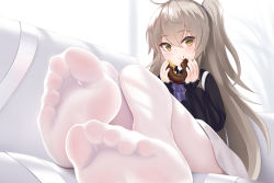 Rule 34 | 1girl, :t, ahoge, ascot, black shirt, blush, commentary request, couch, doughnut, eating, feet, food, foot focus, frilled sleeves, frills, girls&#039; frontline, grey hair, hair ornament, hairband, head tilt, highres, holding, holding food, long hair, long sleeves, looking at viewer, lying, miniskirt, nekoda (maoda), official alternate costume, on couch, one side up, pantyhose, purple ascot, purple hairband, scar, scar across eye, scar on face, shirt, side ponytail, sitting, skirt, soles, solo, toes, ump45 (agent lop rabbit) (girls&#039; frontline), ump45 (girls&#039; frontline), very long hair, white pantyhose, white skirt, yellow eyes
