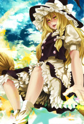 Rule 34 | 1girl, bad hands, bad id, bad pixiv id, blonde hair, braid, broom, buttons, cloud, fangs, female focus, hat, kirisame marisa, lips, long hair, looking at viewer, pochiharu, pochiharu (artist), smile, solo, touhou, witch, witch hat, yellow eyes