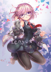 Rule 34 | 1girl, ankle boots, artist name, bare shoulders, black pantyhose, boots, breasts, brown footwear, dress, fate/grand order, fate (series), full body, glasses, gradient background, grey background, grey jacket, hand up, jacket, jumping, long sleeves, looking at viewer, mash kyrielight, medium breasts, open clothes, open jacket, pantyhose, parted lips, pink hair, purple-framed eyewear, purple eyes, short hair, sleeveless, sleeveless dress, smile, solo, star (symbol), teeth, track jacket, triangle, zenyu