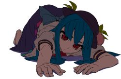 Rule 34 | 1girl, blue hair, food, fruit, hat, hinanawi tenshi, long hair, lying, on stomach, peach, red eyes, solo, thupoppo, touhou, very long hair, white background