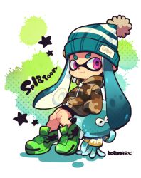 Rule 34 | 1girl, beanie, bike shorts, black shorts, blue hair, blue hat, camouflage, camouflage jacket, closed mouth, copyright name, full body, green footwear, hands in pockets, hat, inkling, inkling girl, inkling player character, jacket, kotorai, leaning back, long hair, looking at viewer, nintendo, pointy ears, pom pom (clothes), pom pom beanie, purple eyes, shorts, signature, solo, splatoon (series), splatoon 1, tentacle hair