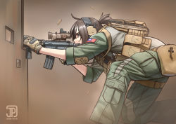 Rule 34 | 1girl, ahoge, aiming, artist logo, assault rifle, brown background, brown eyes, brown hair, cargo pants, dated, feet out of frame, green jumpsuit, green pants, gun, headset, jpc, jumpsuit, load bearing vest, m4 carbine, on one knee, original, pants, ponytail, radio, republic of china flag, rifle, sleeves rolled up, solo, weapon