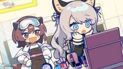 Rule 34 | + +, 2girls, :d, :o, animal ears, arknights, black ribbon, blue eyes, blue nails, blush, brown eyes, brown hair, brown overalls, cat ears, chibi, coat, company name, copyright name, copyright notice, cosmetics, dutch angle, ear piercing, excited, goggles, goggles on head, grey hair, hair ribbon, hands on own face, hands on own hips, highres, indoors, lipstick tube, mint (arknights), mirror, multiple girls, nail polish, nail polish bottle, off shoulder, official art, open clothes, open coat, open mouth, otter ears, overalls, piercing, ribbon, roberta (arknights), shirt, smile, white coat, white shirt