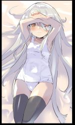Rule 34 | 1girl, arms up, black border, black thighhighs, blush, border, caburi, closed mouth, covered navel, grey hair, hair over one eye, highres, kantai collection, kikuzuki (kancolle), long hair, lying, on back, one-piece swimsuit, orange eyes, solo, swimsuit, thighhighs, white one-piece swimsuit