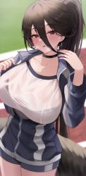 Rule 34 | 1girl, absurdres, black bra, black choker, black hair, black wings, blue archive, blue jacket, blurry, blush, bottle, bra, breasts, choker, cleavage, collar, collarbone, commentary request, depth of field, doham, feathered wings, gym shirt, gym shorts, gym uniform, hair between eyes, hasumi (blue archive), hasumi (track) (blue archive), highres, hot, huge breasts, jacket, large breasts, long hair, long sleeves, looking at viewer, low wings, mole, mole under eye, official alternate costume, outdoors, partially unzipped, ponytail, red eyes, running track, see-through, see-through shirt, shirt, shorts, sidelocks, solo, sportswear, sweat, track jacket, underwear, white shirt, wings