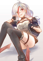 Rule 34 | 1girl, azur lane, black gloves, black thighhighs, blue jacket, breasts, cross, cross earrings, downes (azur lane), earrings, fingerless gloves, gloves, hair ornament, hairclip, highres, jacket, jewelry, long hair, looking at viewer, mole, mole under eye, multicolored hair, on floor, open clothes, open jacket, open mouth, paw pose, ponytail, red eyes, sea nami, shirt, silver hair, smile, solo, thighhighs, white background, white shirt