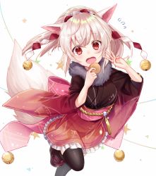 Rule 34 | 1girl, animal ears, bell, black thighhighs, blush, commentary request, cowboy shot, eating, flying sweatdrops, food, fox ears, fox girl, fox tail, gradient clothes, japanese clothes, jingle bell, kimono, obi, open mouth, original, platform footwear, ponytail, red eyes, sandals, sash, shide, silver hair, solo, standing, standing on one leg, star (symbol), starry background, tail, tassel, thighhighs, w, white background, yuya (night lily)